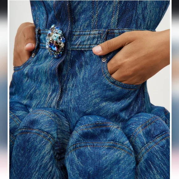 AREA NYC Fur Printed Godet Mini Dress Indigo Multi – size 4 NWT - Picture 3 of 8